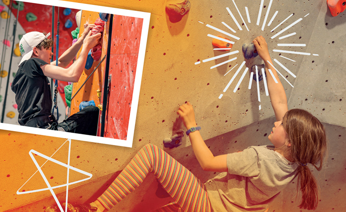 A girl is bouldering and there are illustrations over the image to make it look more dynamic/fun. This is overlaid with a polaroid image of a teen boy roped climbing with his cap turned backwards.