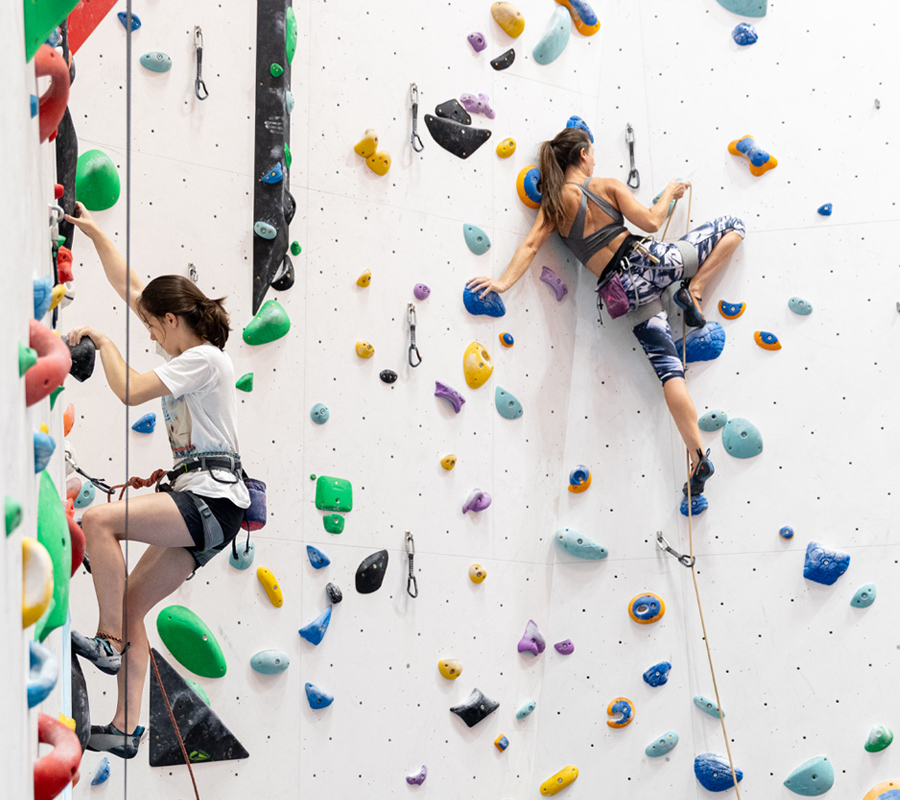 We see two climber half way up a white wall covered in coloured climbing holds