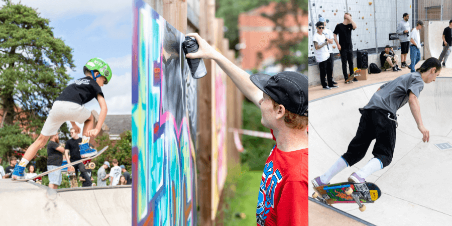 A collage of people skateboarding and doing graffiti art 