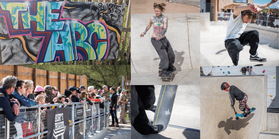 A collage of different people skateboarding along with a graffiti sign saying "The Arc. Burts Fest" and a row of people watching the skaters from the sidelines. 